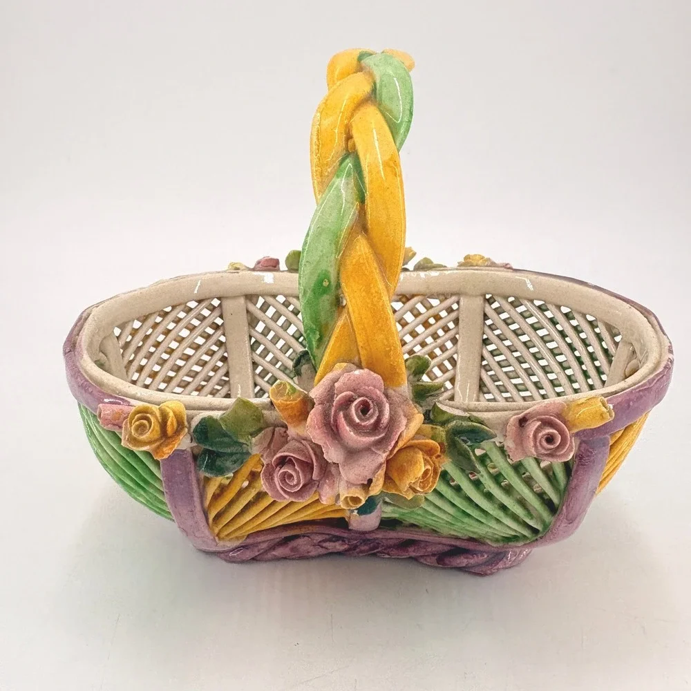 Handmade Vintage Ceramic Flower Basket Pink Roses Trinket Decor Dish Capodimonte